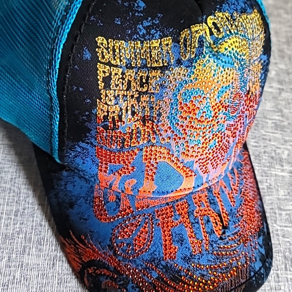 Vintage Y2K Ed Hardy Adjustable Bling Trucker Hat Blue Orange Mesh main image 7